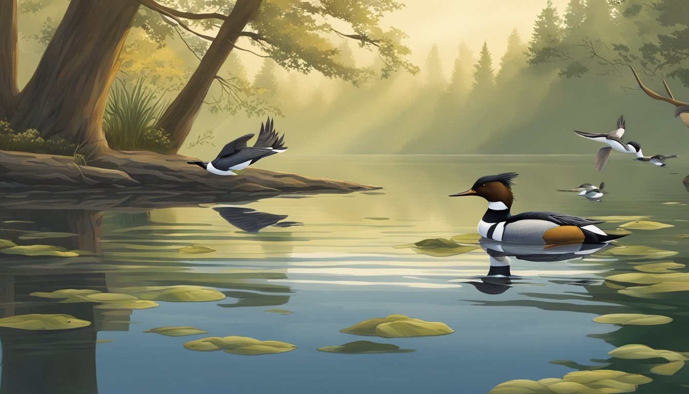 Mergansers dive into a tranquil lake, hunting for fish in the early morning light