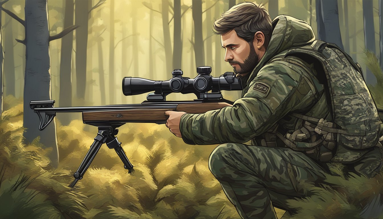 A hunter in camouflage aiming a crossbow at a porcupine in a forest clearing