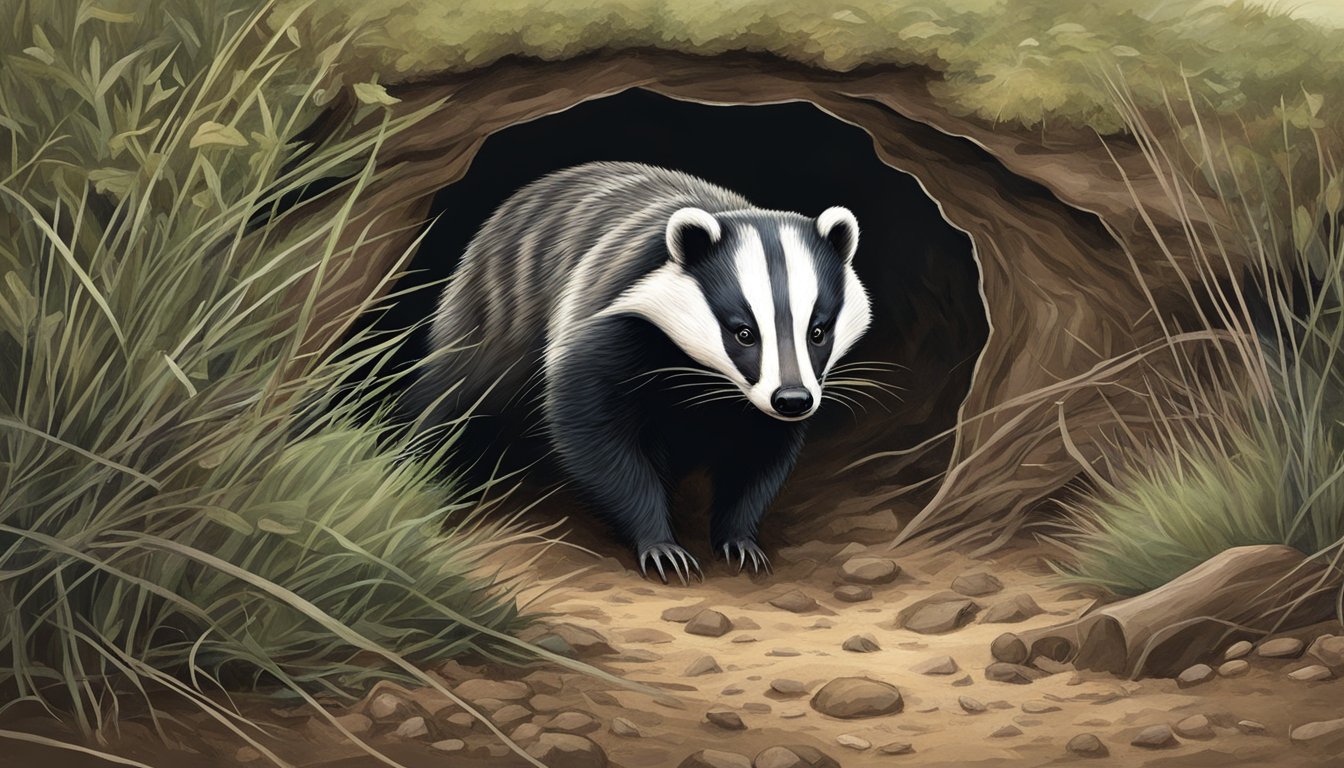 A badger emerges from its burrow, snout twitching, as a hunter quietly approaches with a rifle at the ready