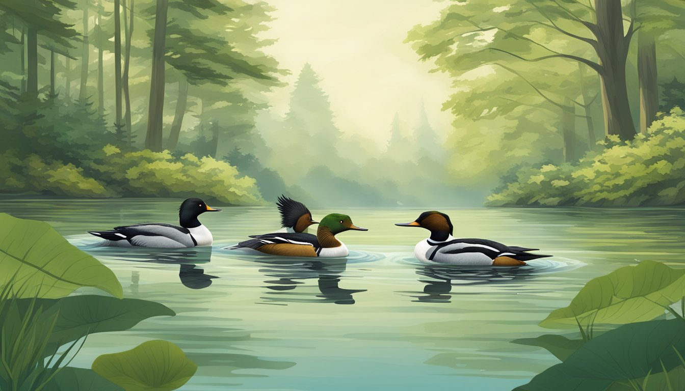 A group of mergansers swimming and diving in a tranquil lake surrounded by lush greenery and tall trees