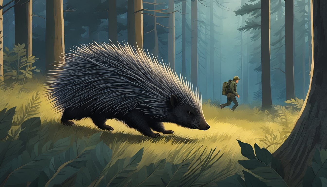 A porcupine being stalked by a hunter in a forest clearing at dusk