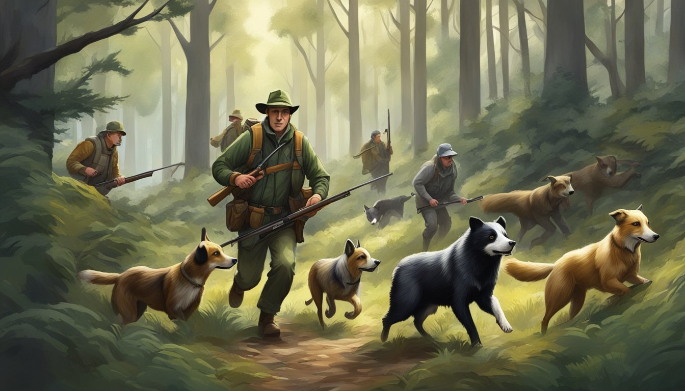 A group of hunters and dogs pursuing a badger through a dense forest