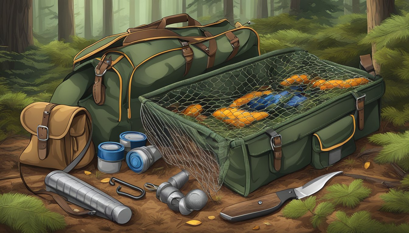 A hunter's bag filled with traps, a sturdy net, and a sharp hunting knife laid out on the forest floor