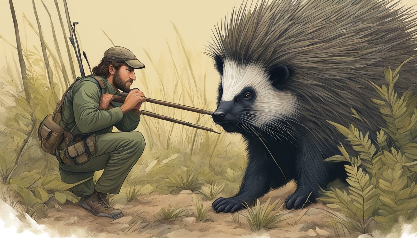 A hunter crouches behind bushes, holding a spear, while a curious porcupine sniffs the air nearby