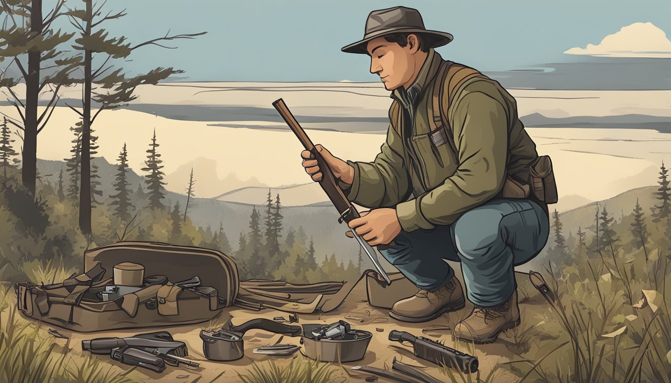 A hunter sharpening a knife, checking a rifle, and setting up traps for groundhog hunting