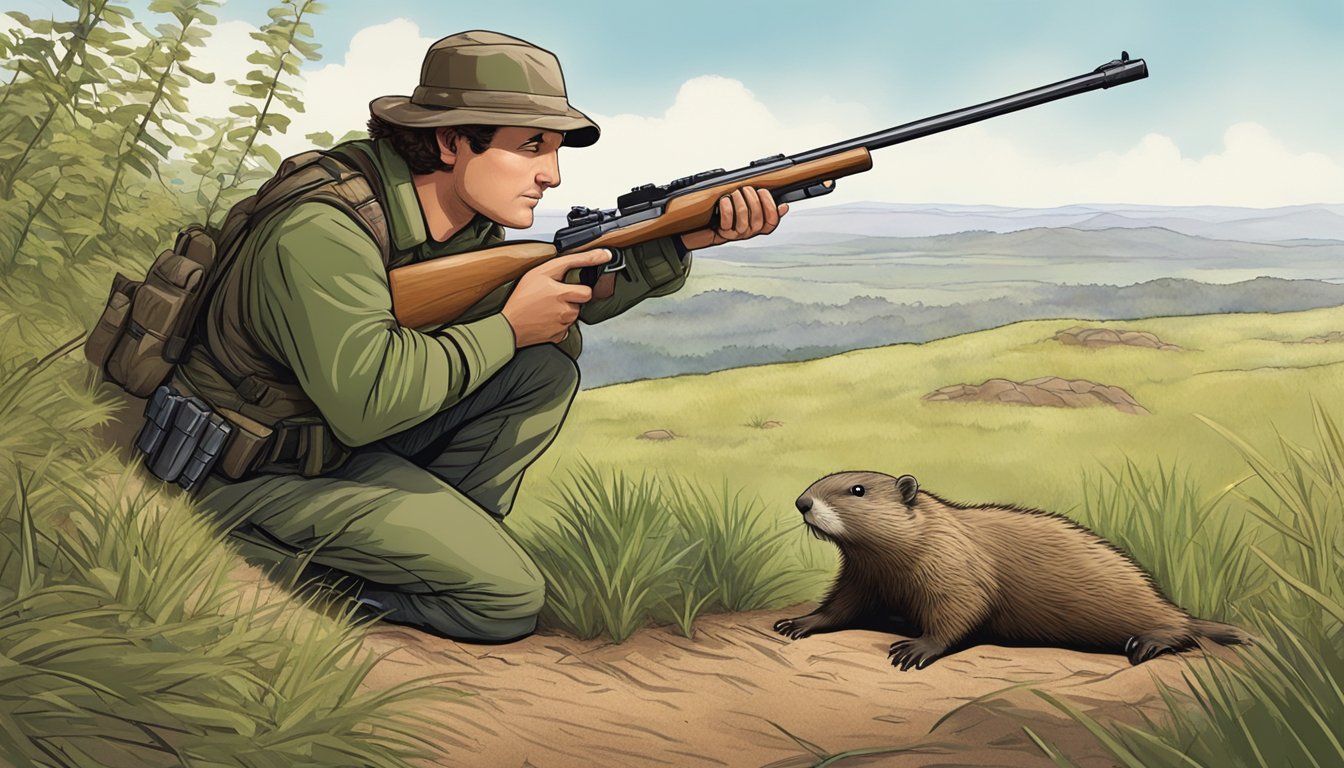 A hunter crouches behind a bush, aiming a rifle at a groundhog emerging from its burrow