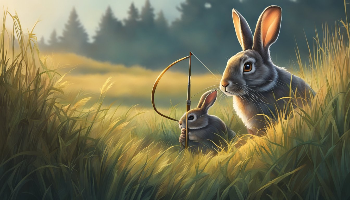 A rabbit hides in tall grass near a burrow. A hunter crouches nearby, holding a bow and arrow, waiting for the right moment to strike