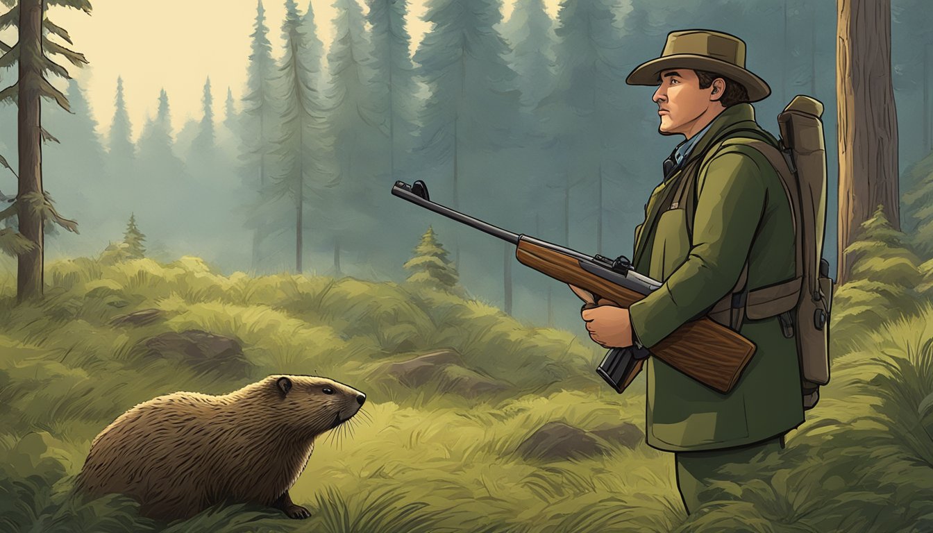 A hunter holds a rifle, facing a groundhog in a forest clearing. The groundhog looks up, alert, as the hunter considers ethical and legal implications