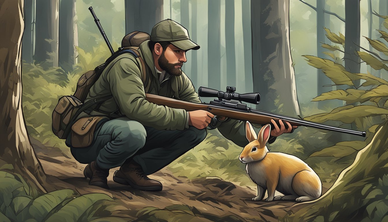 A hunter crouching in the woods, holding a rifle, with a rabbit in the background