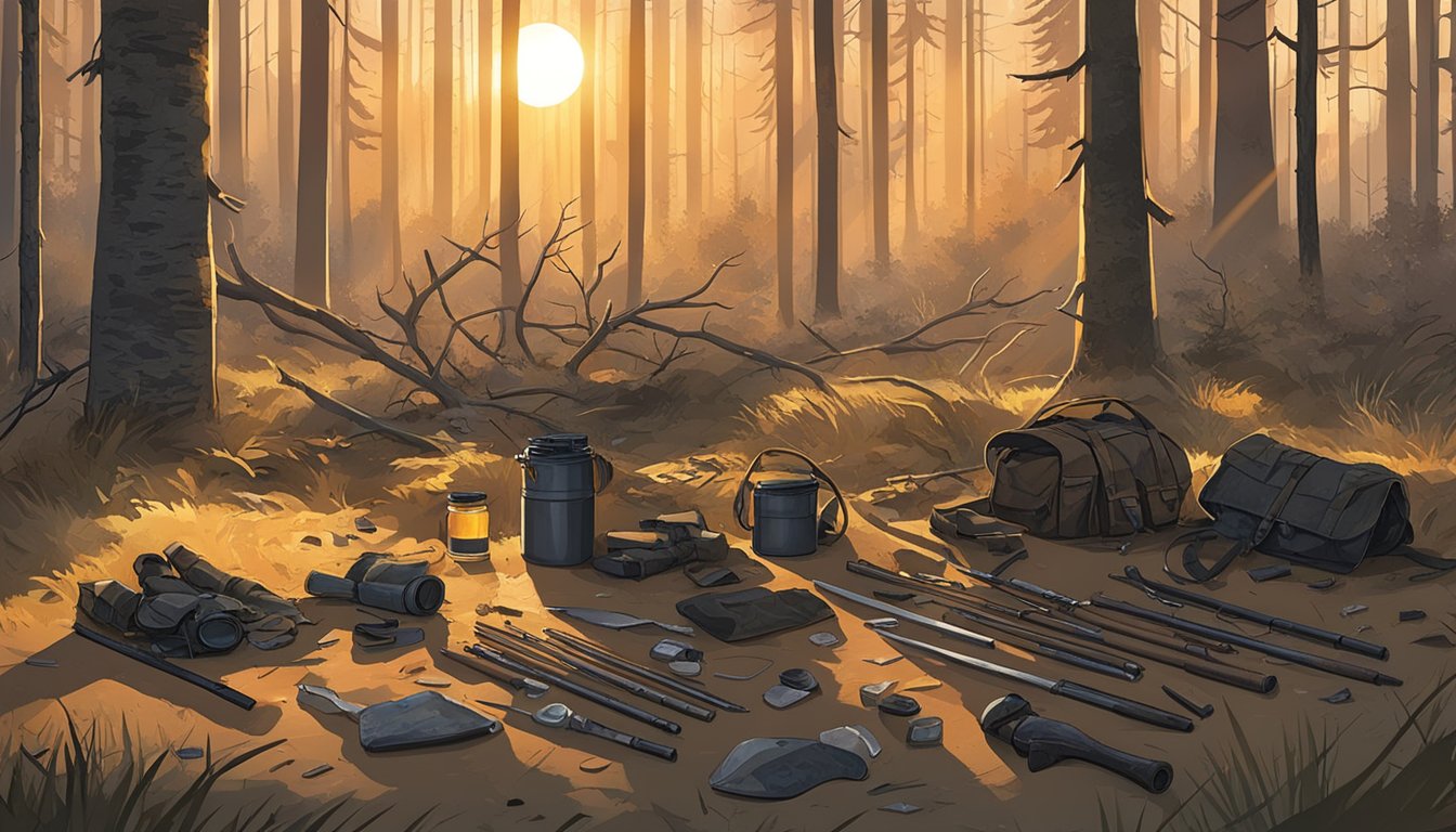 The hunter's equipment lay scattered on the forest floor as the sun set, casting long shadows across the clearing. A small fire crackled, surrounded by the remains of the day's successful hunt