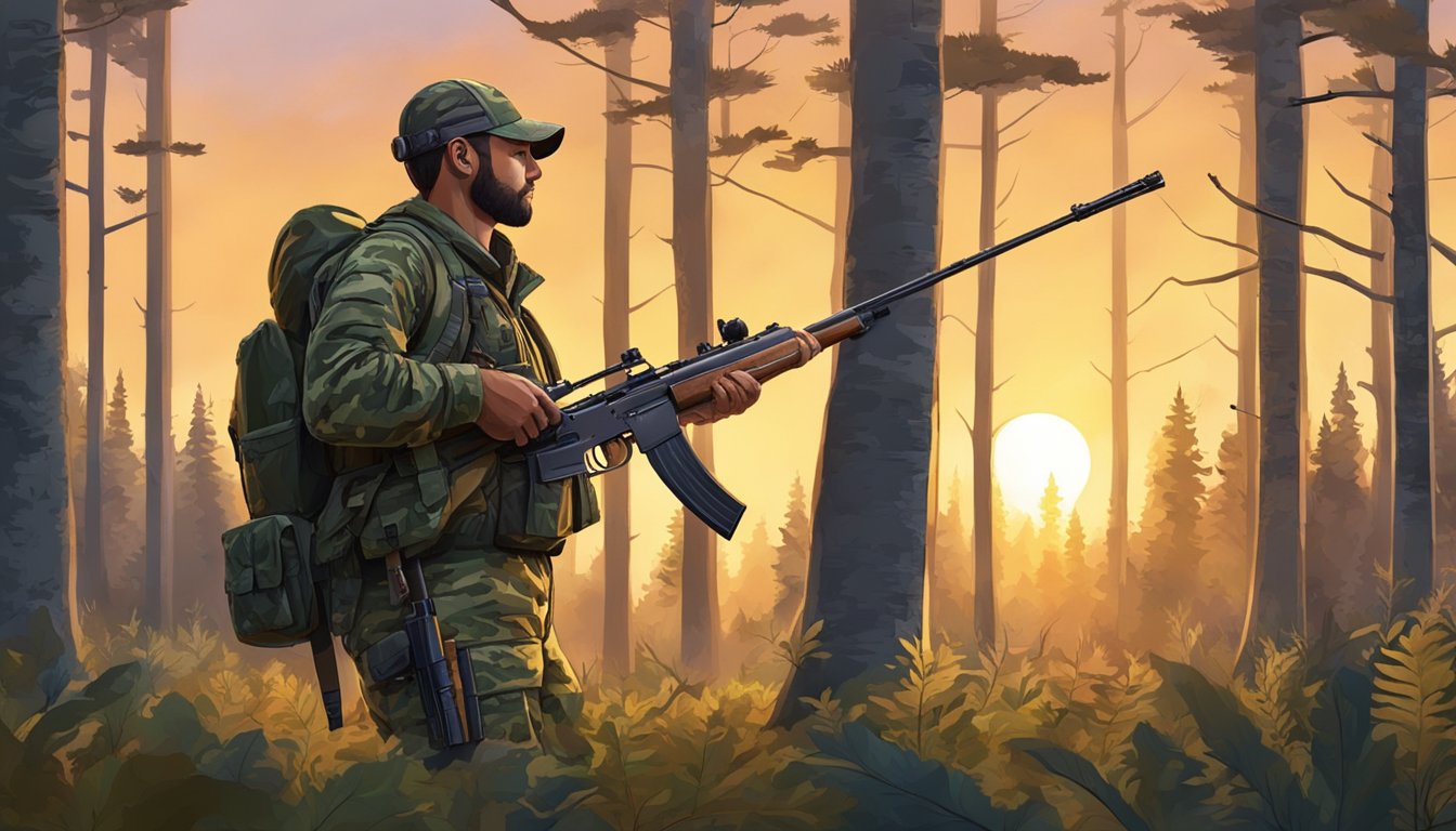 A hunter in camouflage gear quietly approaches a dense forest, rifle in hand, as the sun begins to rise