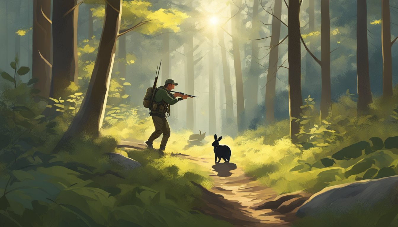 A hunter stalking through the woods, bow in hand, tracking a rabbit. The sun filters through the trees, casting dappled light on the forest floor