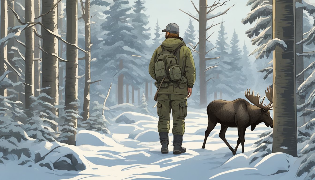 A hunter silently tracks through a dense forest, carefully scanning for moose signs and listening for any distant movement