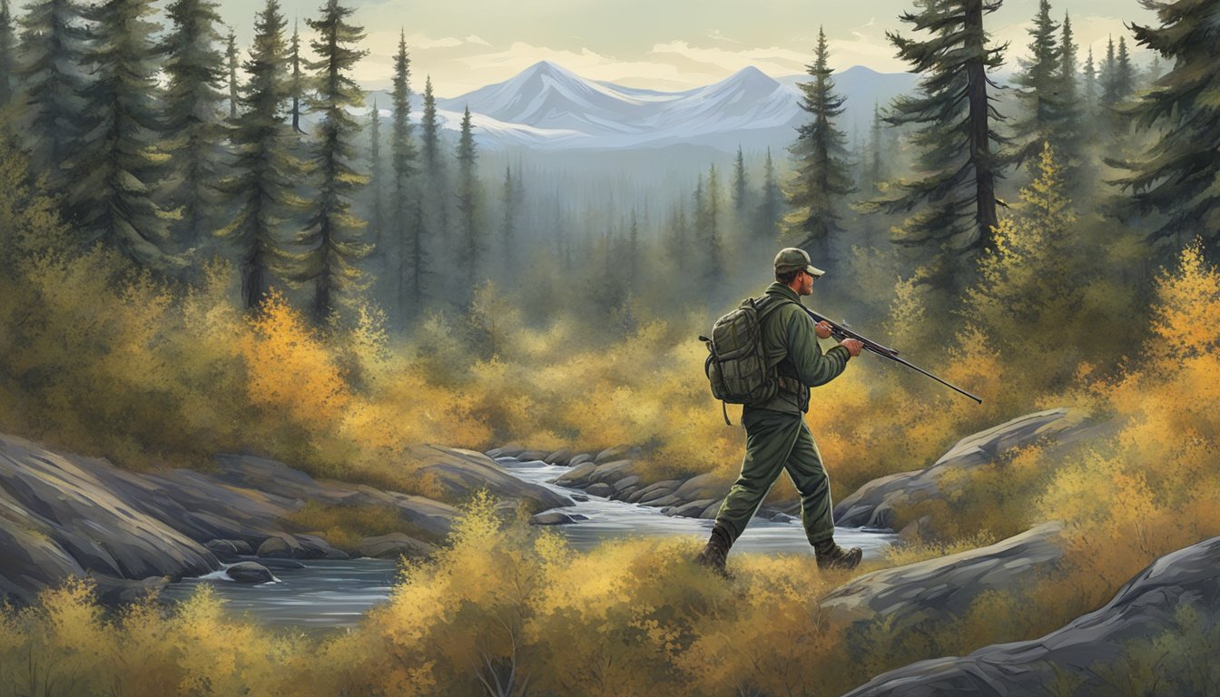 A hunter traverses rugged terrain, scanning for moose tracks and signs of movement. Tall trees and dense underbrush surround them, creating a challenging but exciting hunting environment