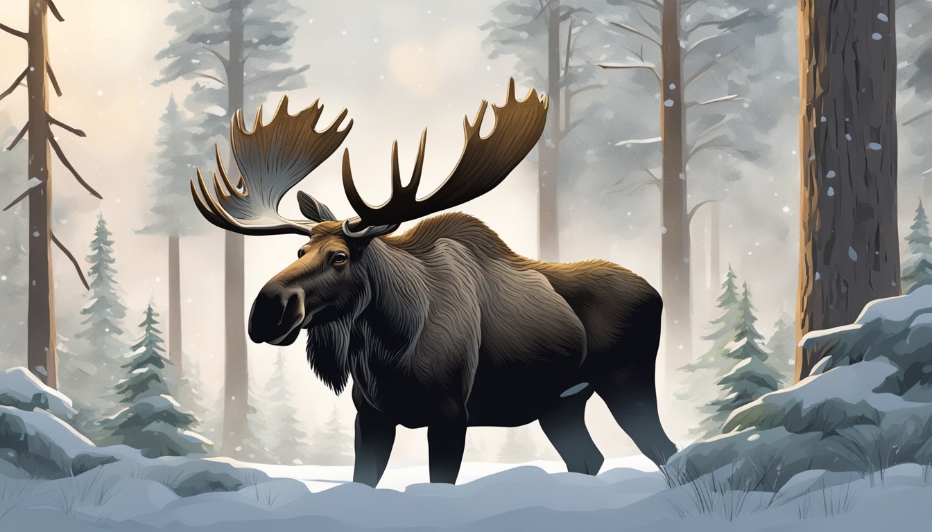 A moose stands in a snowy forest, its antlers towering above the trees as it grazes on the ground