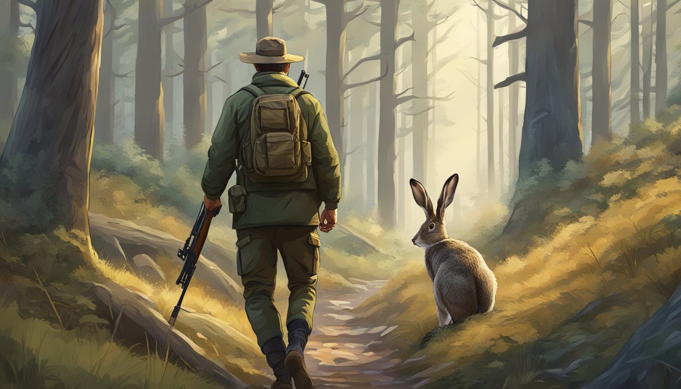 A hunter with a rifle tracking a hare through a dense forest