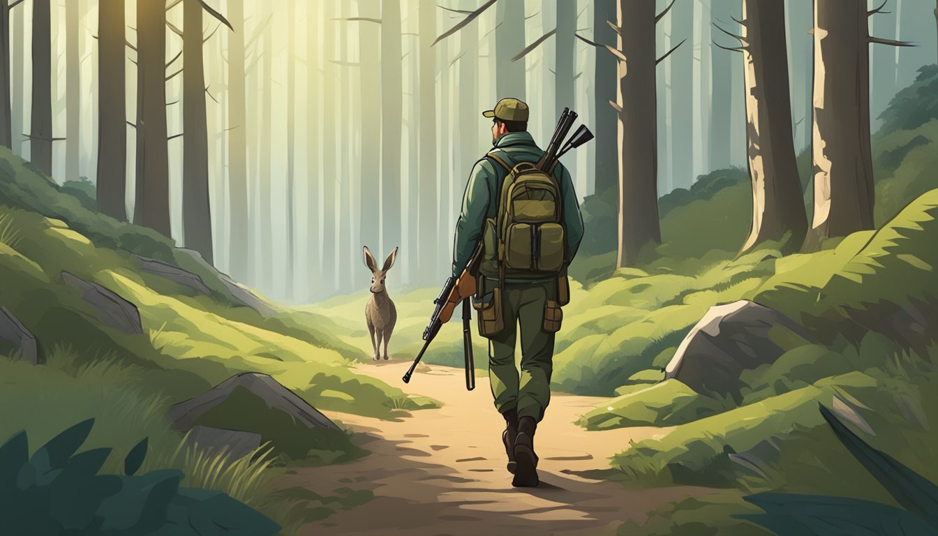 A hunter with a rifle walks through a forest, with a sign nearby indicating hunting restrictions. A hare can be seen in the distance