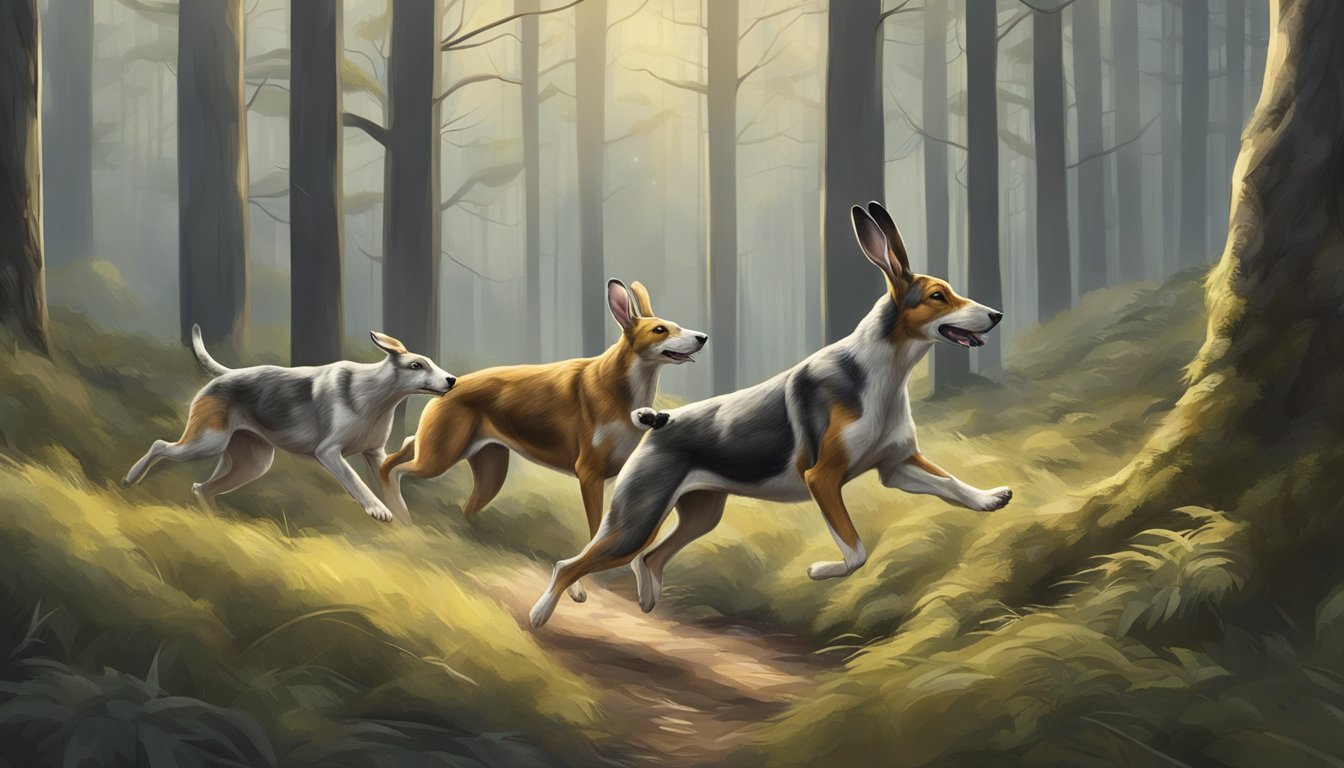 Hounds chase hare through a dense forest, their powerful bodies and keen senses fully engaged in the hunt