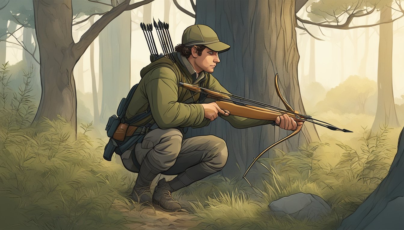 A hunter crouches behind a bush, holding a bow and arrow, as they quietly stalk a hare in the forest