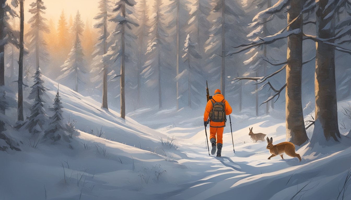 A hunter wearing orange gear walks through snowy forest with a rifle, tracking snowshoe hares