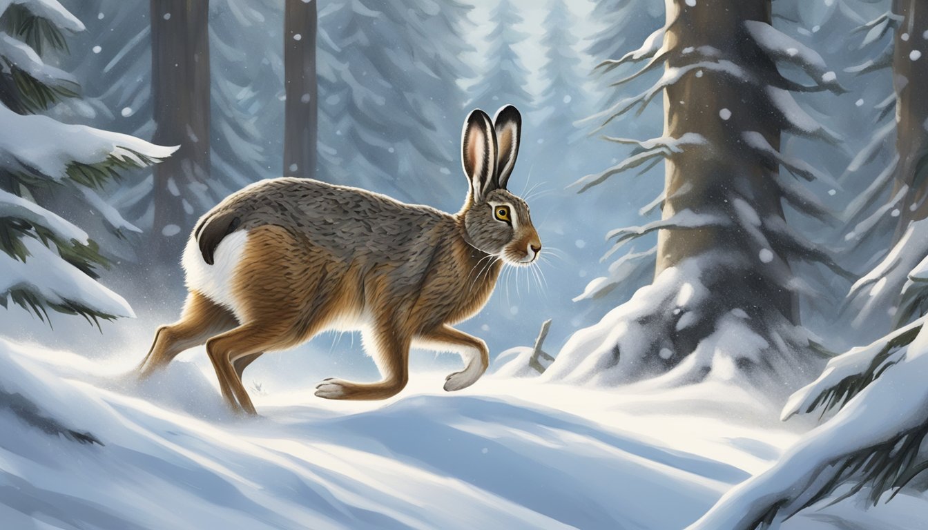 A snowshoe hare being hunted by a predator in a snowy forest