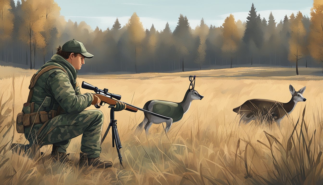 A hunter setting up decoys in a field, with a shotgun and camouflage gear nearby. A sign nearby indicates hunting regulations