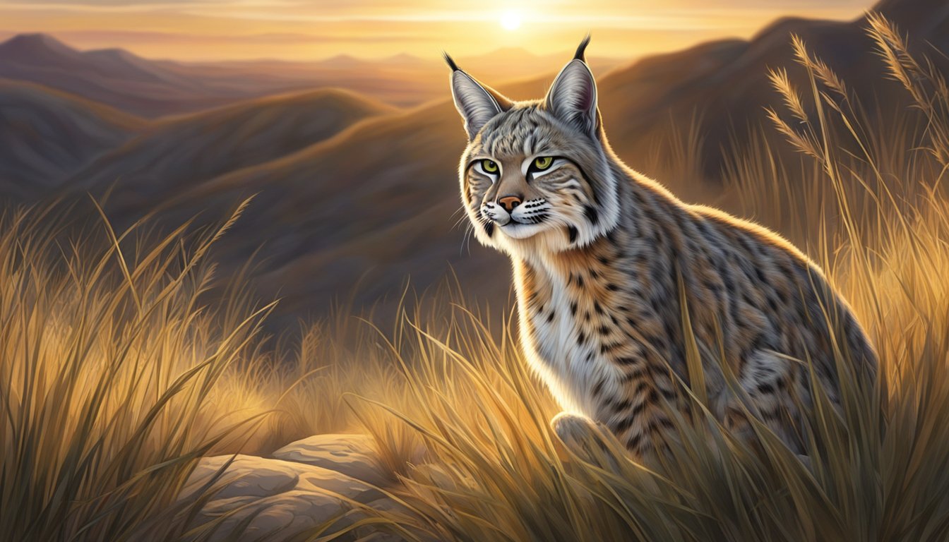 A bobcat crouches in tall grass, eyes fixed on a small prey. The sun sets over a rocky desert landscape