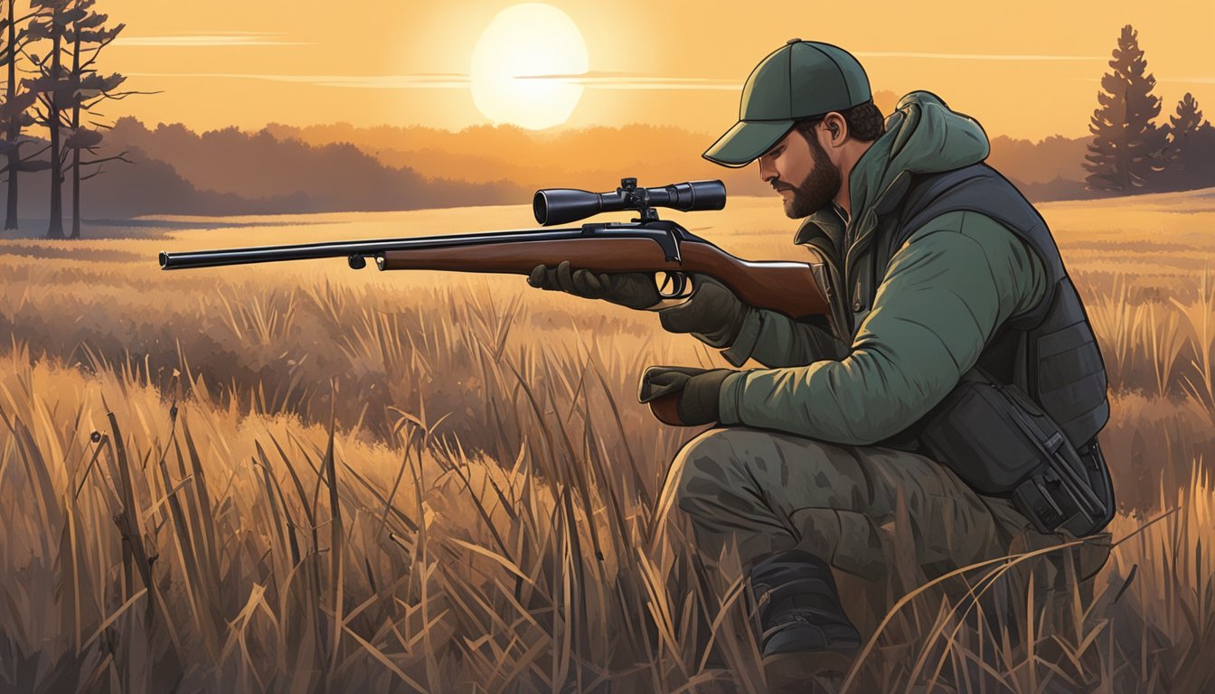 A hunter setting up decoys in a field at dawn, with a shotgun and hunting gear nearby