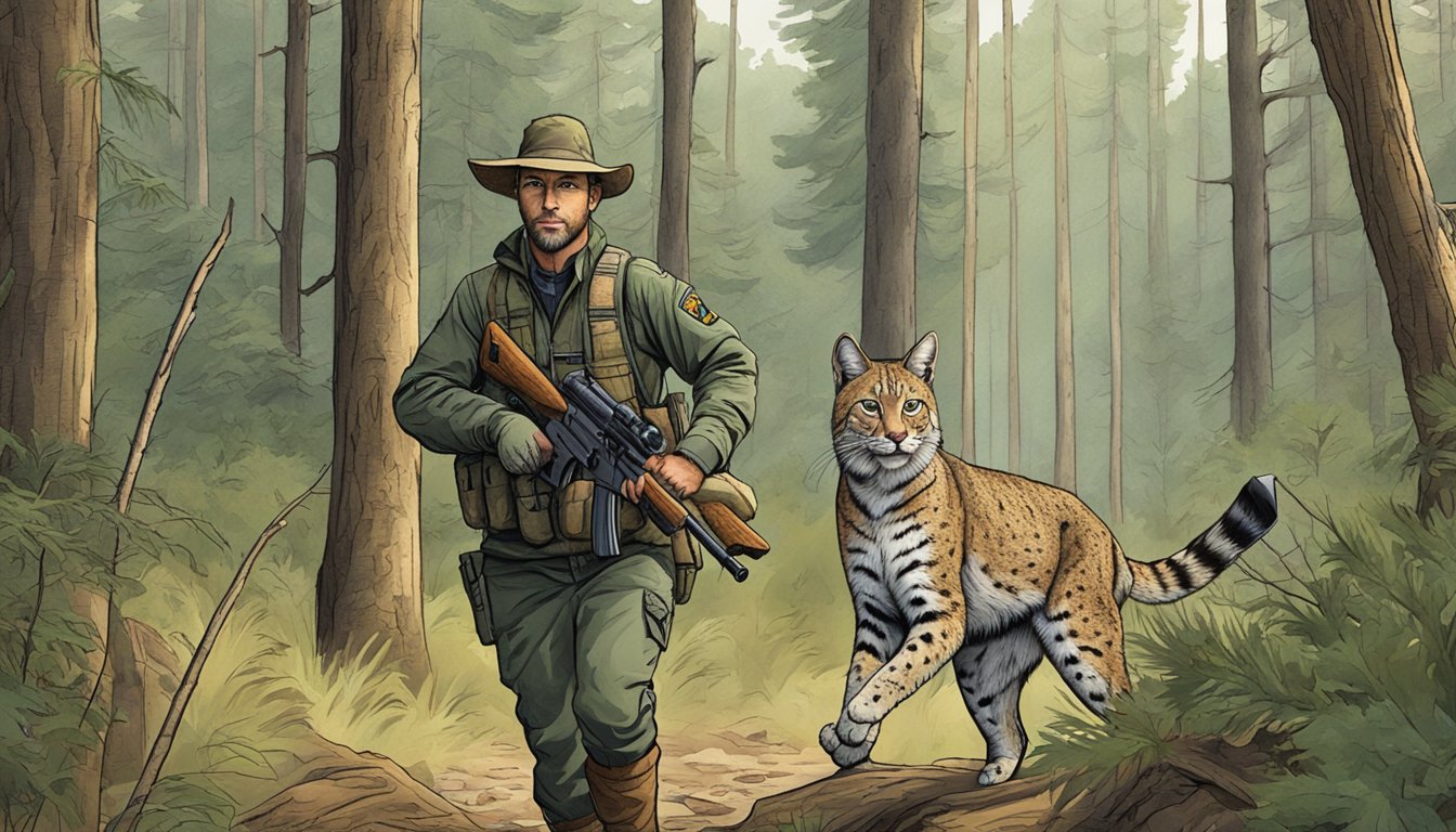 A hunter tracking a bobcat through a forest, rifle in hand