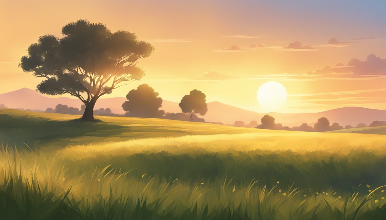 A serene morning in a grassy field, with a lone tree and scattered bushes. The sun rises in the distance, casting a warm glow over the landscape