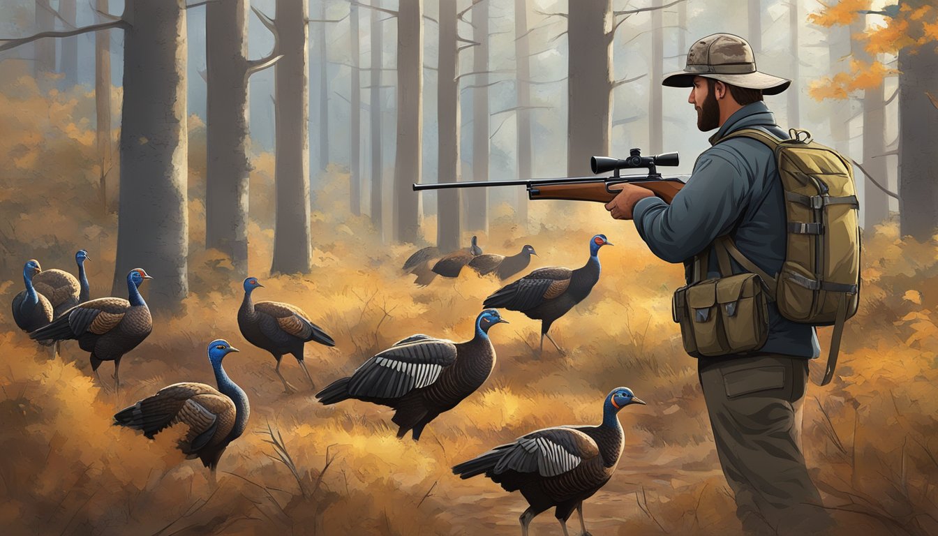 A beginner hunter with proper gear and a licensed firearm, tracking wild turkeys in a wooded area while following safety regulations