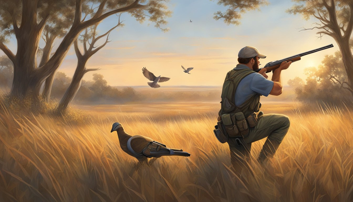 A hunter crouches in a field, shotgun at the ready, as a mourning dove takes flight from the brush. The early morning light casts a warm glow on the scene