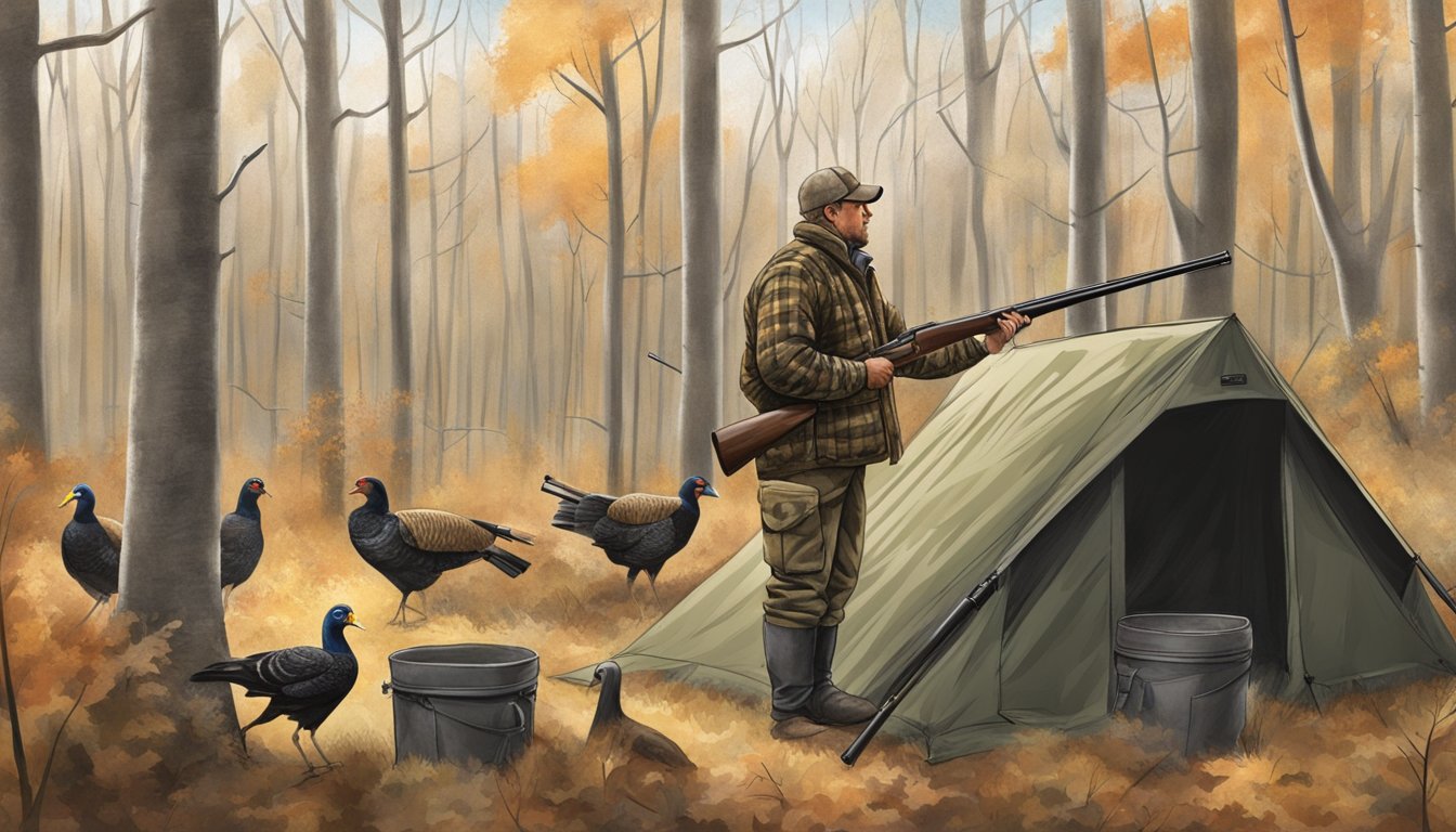 A hunter setting up a camouflage blind near a wooded area, with a shotgun and decoys positioned for wild turkey hunting