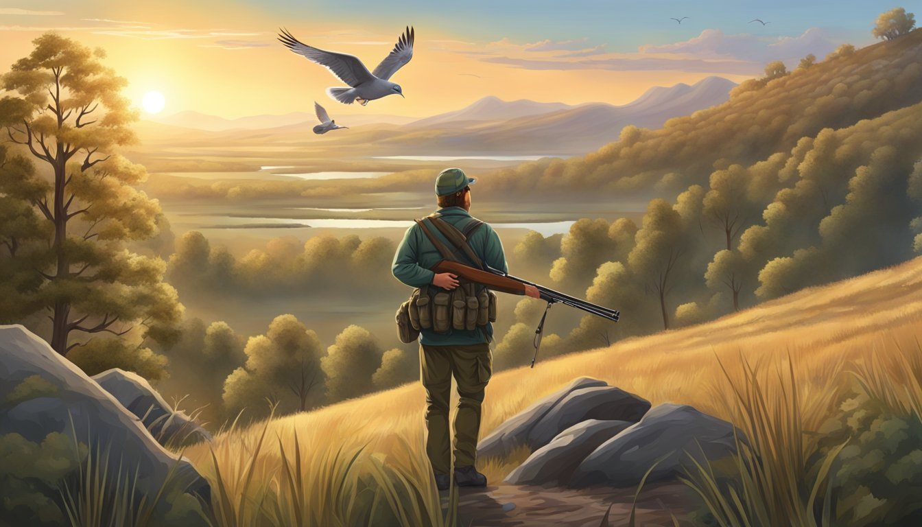 A hunter sets down their rifle and watches a mourning dove fly freely in the sky, surrounded by peaceful natural scenery