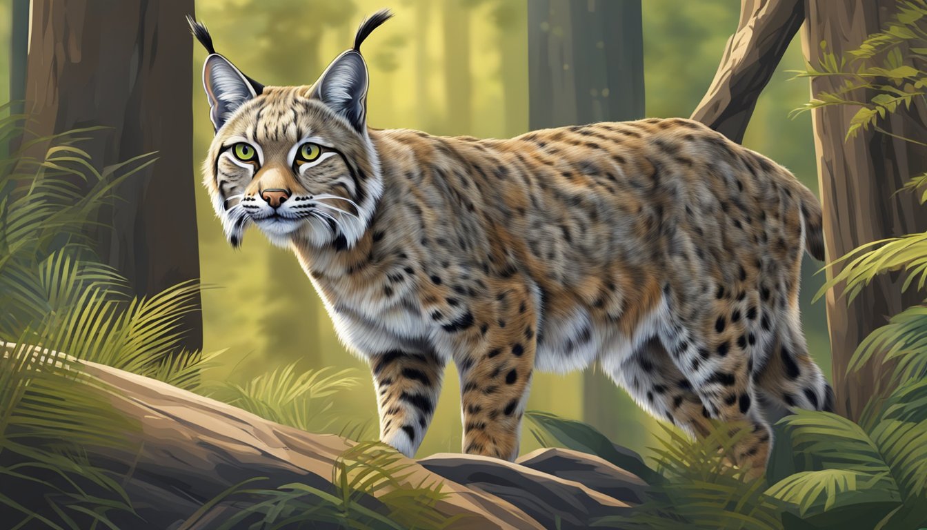 A bobcat stalking through a dense forest, its keen eyes focused on its prey, ready to pounce with lethal precision