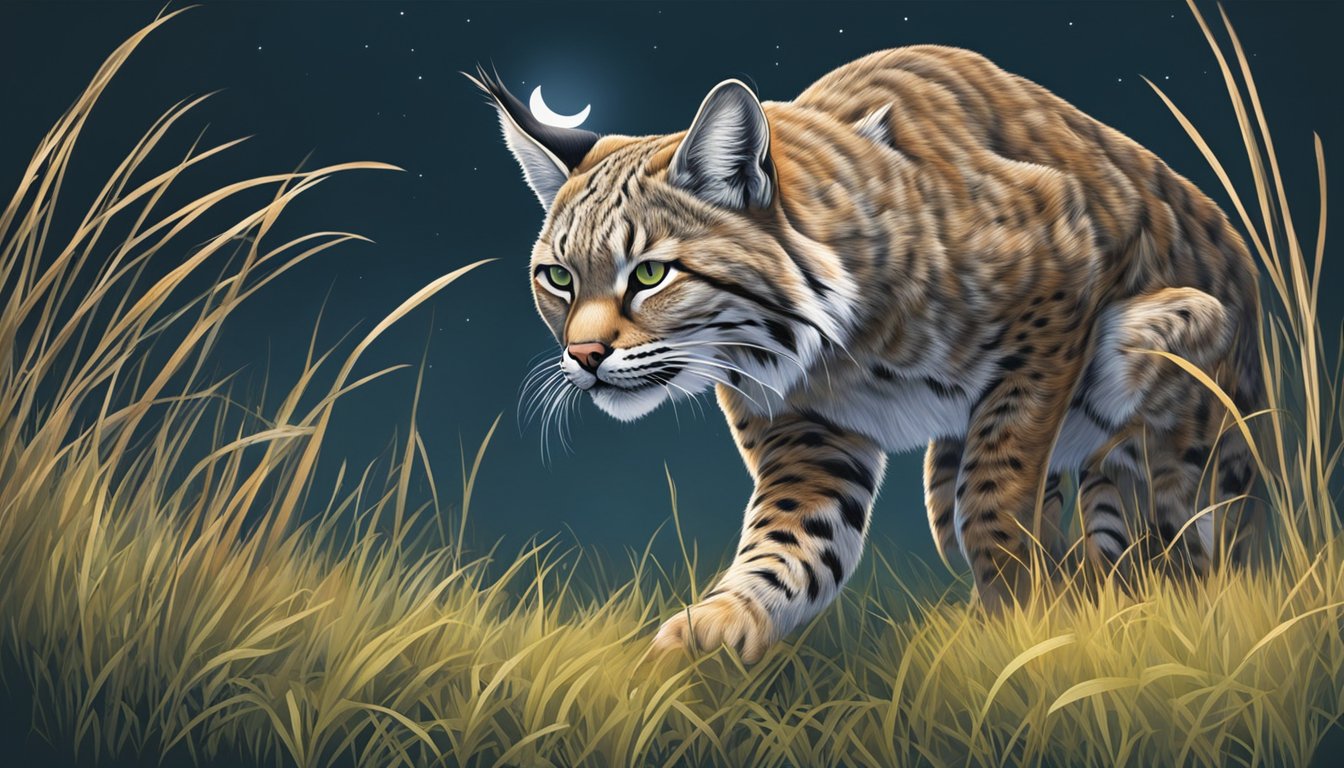 A bobcat crouches in the grass, eyes fixed on its prey. The moon casts a soft glow on the scene as the predator prepares to pounce