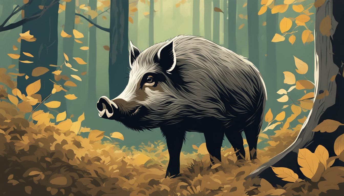 A wild hog snuffling through the underbrush, its head down and ears alert, surrounded by dense forest and scattered leaves