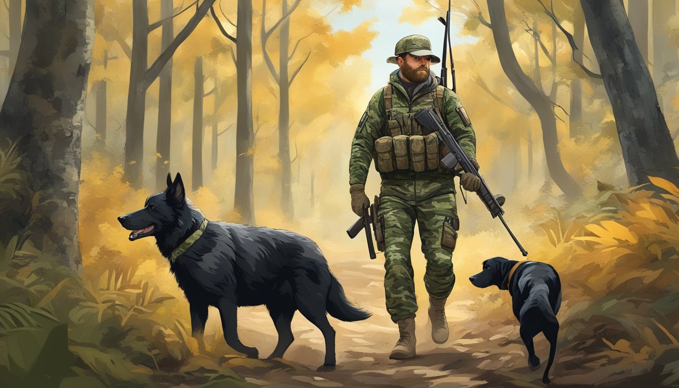 A hunter in camouflage gear with a rifle and hunting dog tracking a wild hog through a dense forest