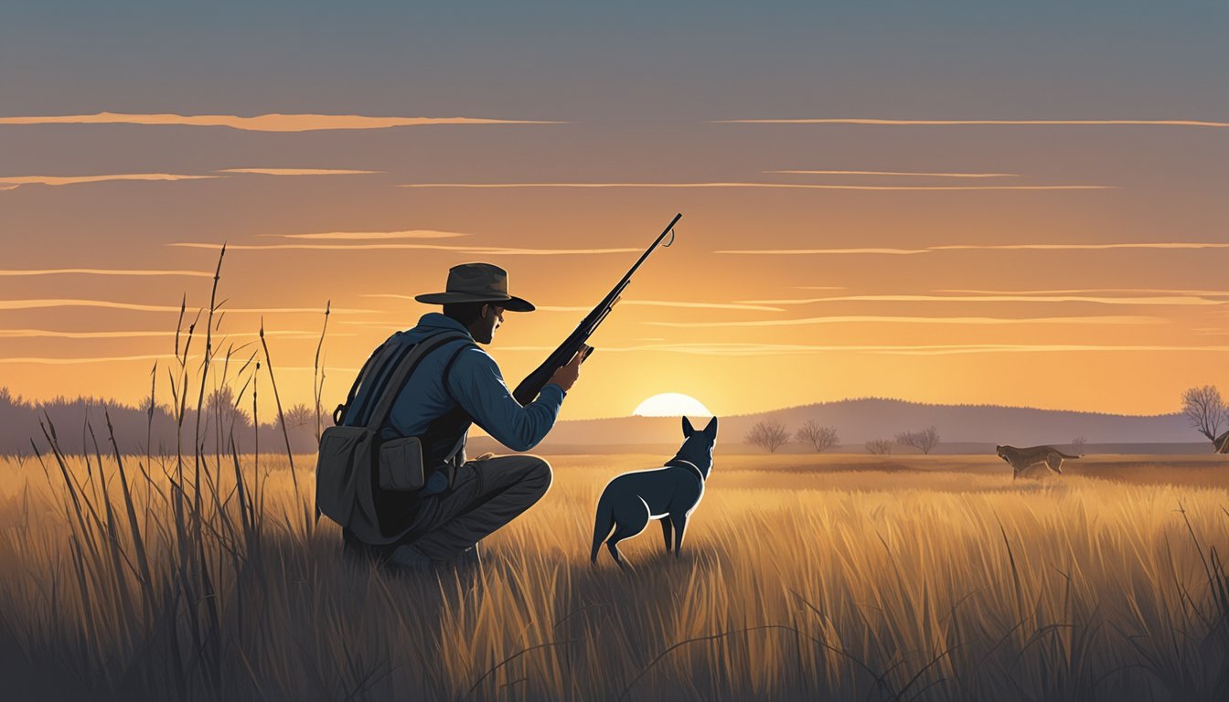 A beginner hunter sets up a decoy and calls in a coyote at dusk in a rural field