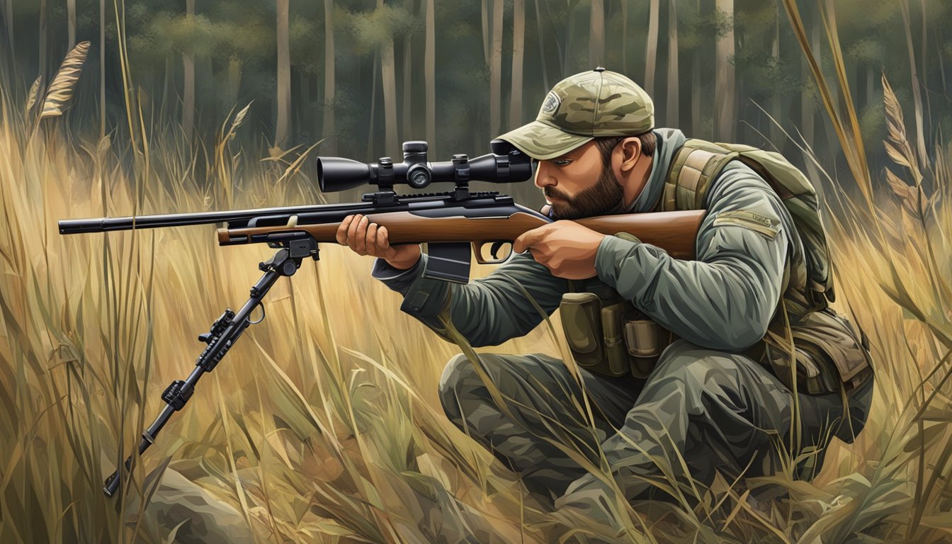 A hunter kneeling in tall grass, loading a rifle with a scope, surrounded by camouflage gear and hunting essentials