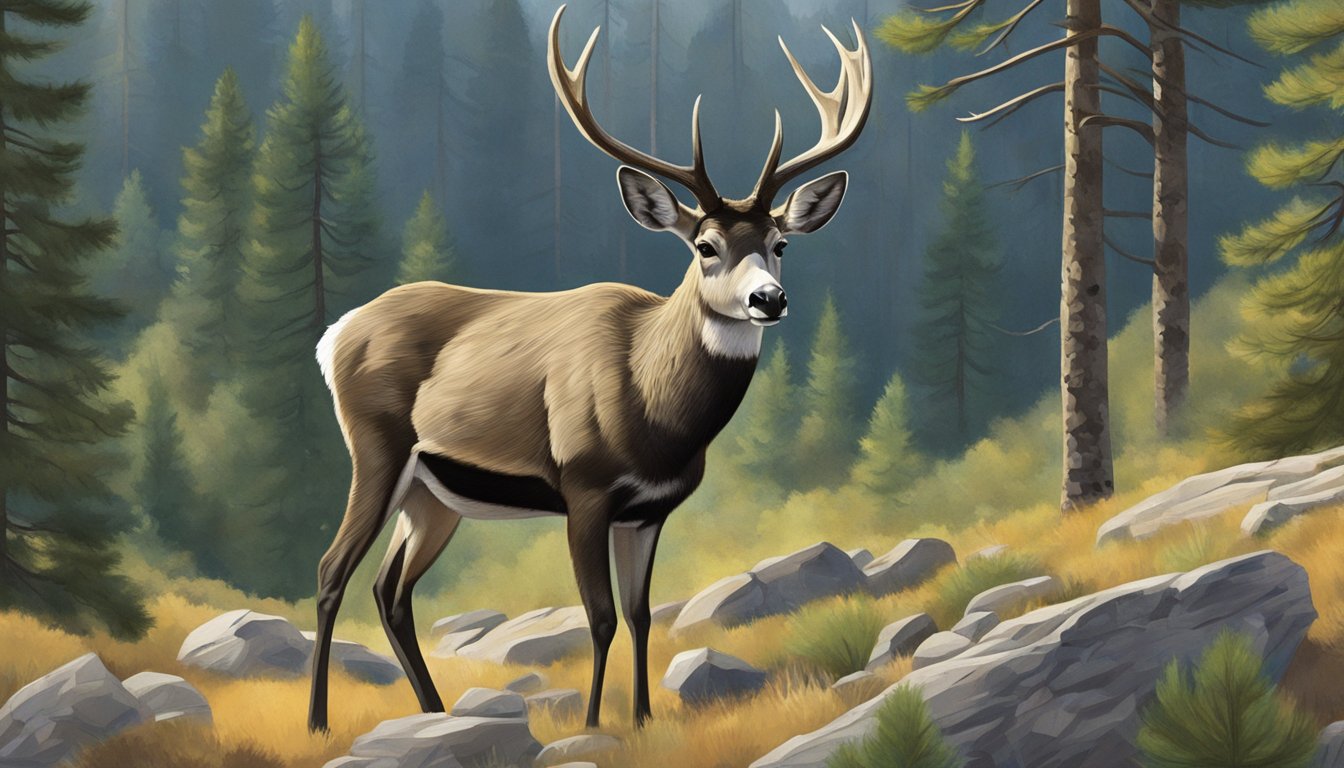 A mule deer foraging in a mountainous, forested habitat, with pine trees and rocky terrain in the background