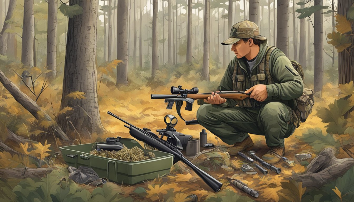 A hunter lays out camouflage gear, rifles, and bait in a wooded area