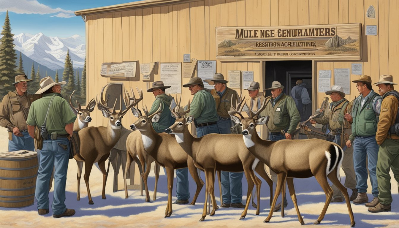 A group of mule deer hunters gather at a registration station, surrounded by signs detailing hunting regulations and licensing requirements