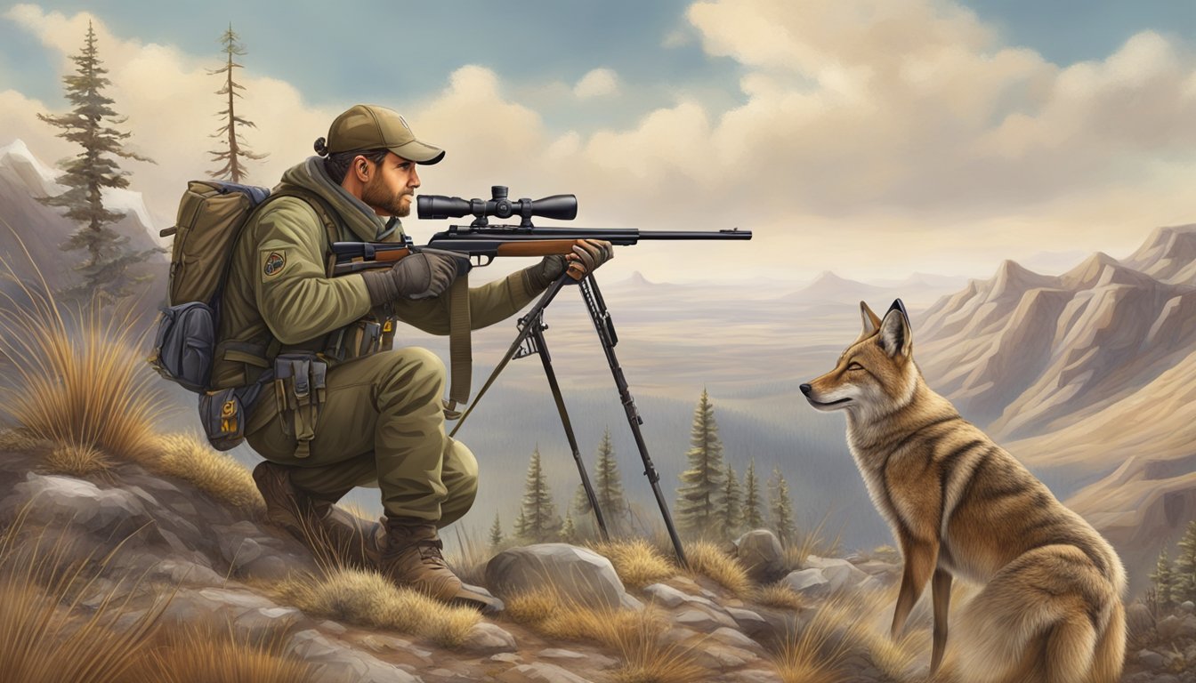 A hunter aims a rifle at a distant coyote, surrounded by safety gear and hunting equipment in the wilderness