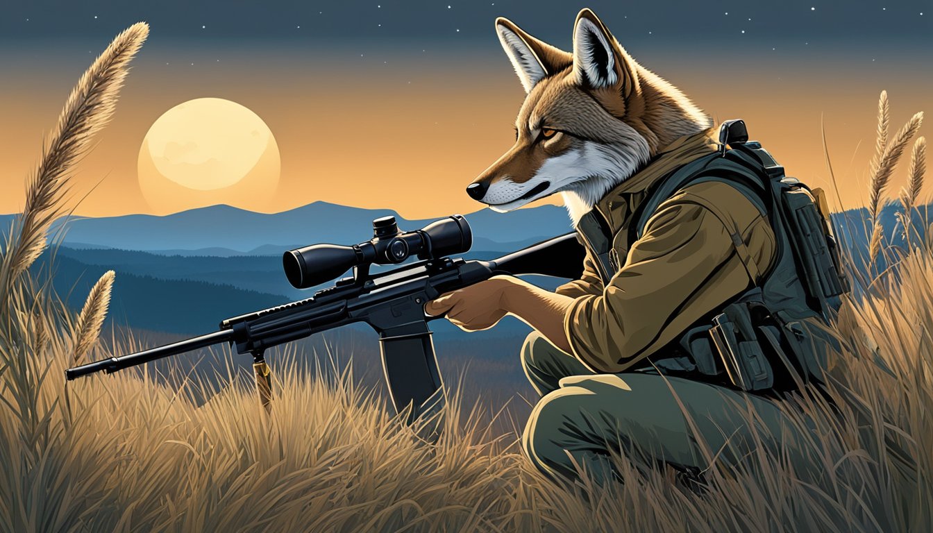 A coyote hunter crouches in the grass, scanning the horizon. A rifle rests on their shoulder as they wait for the perfect shot. A full moon casts a soft glow over the landscape