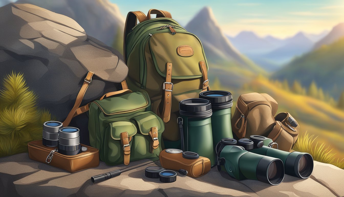 A hunter's backpack, rifle, and binoculars laid out on a rock in the early morning light