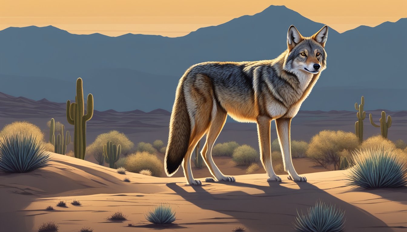 A lone coyote stands alert in the moonlit desert, ears perked and eyes scanning for prey. The landscape is dotted with cacti and scrub brush, creating a stark and rugged backdrop