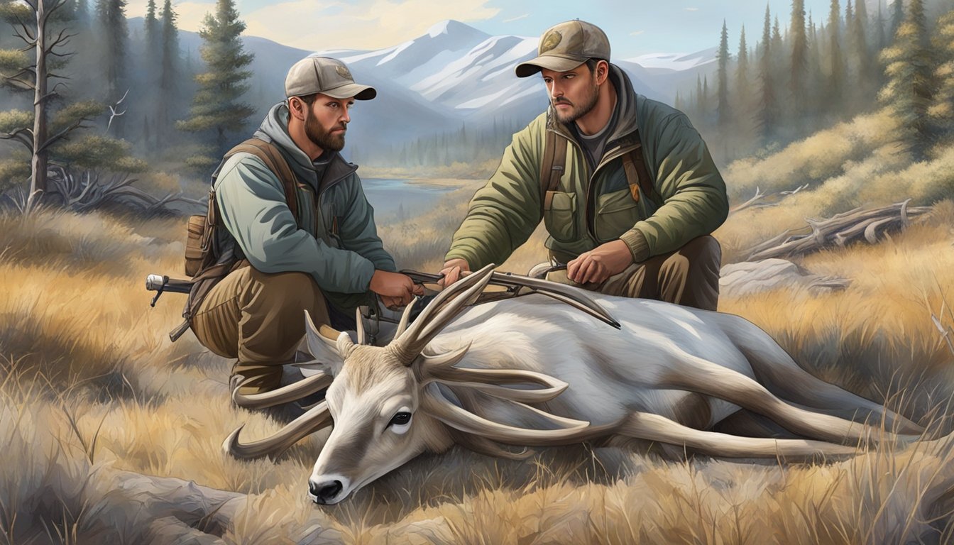 A hunter cleaning a mule deer carcass, surrounded by hunting gear and the natural landscape