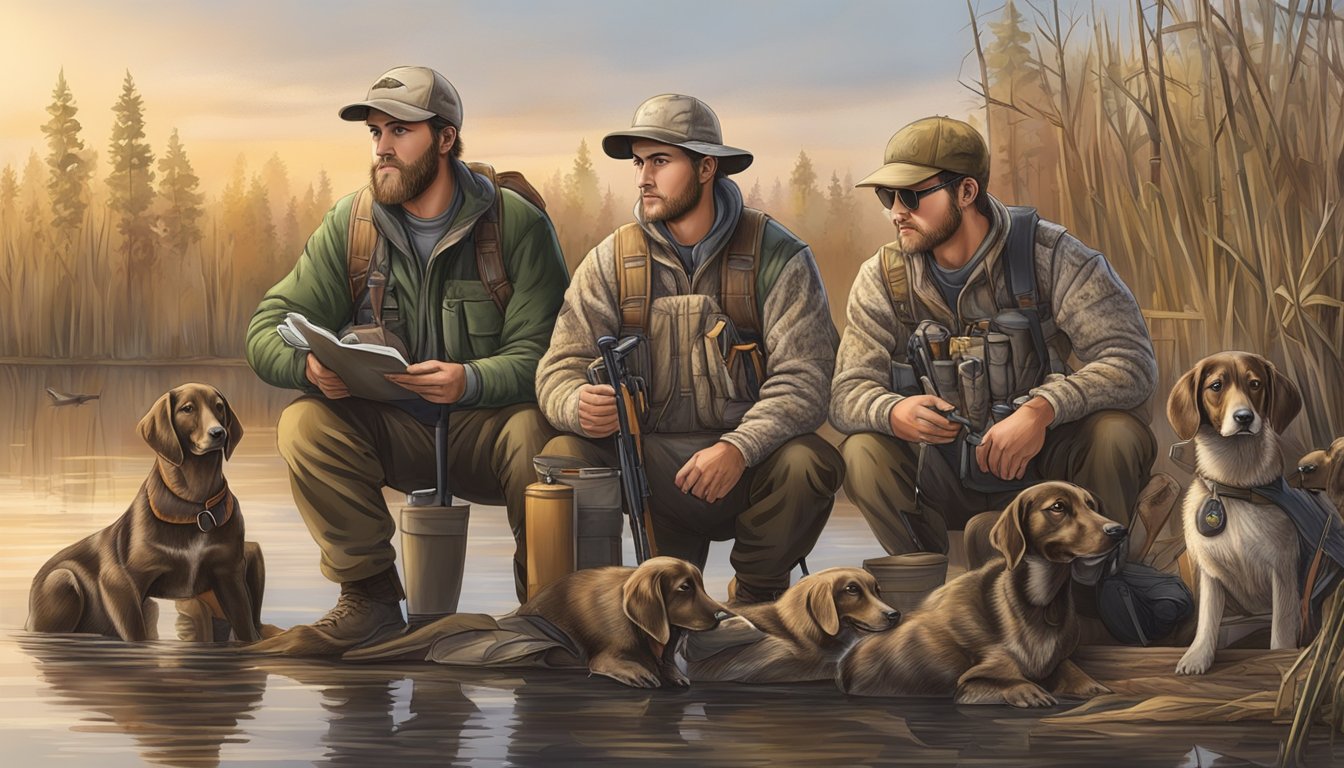 A group of beginner duck hunters holding licenses and studying hunting regulations before heading out to a marsh with their gear and a hunting dog