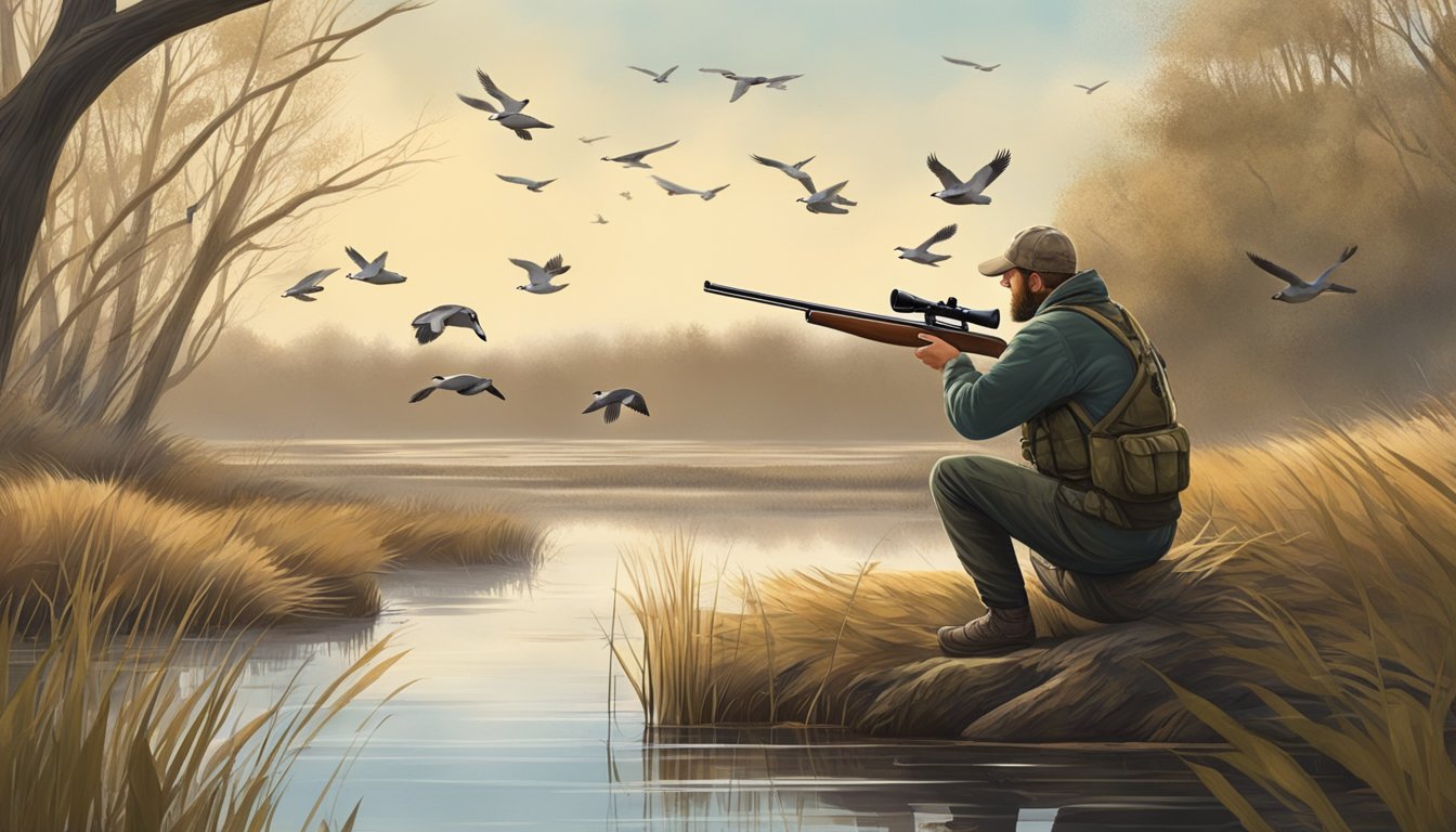 A hunter crouches in a camouflaged blind near a tranquil marsh, aiming a shotgun at a flock of wood ducks flying overhead